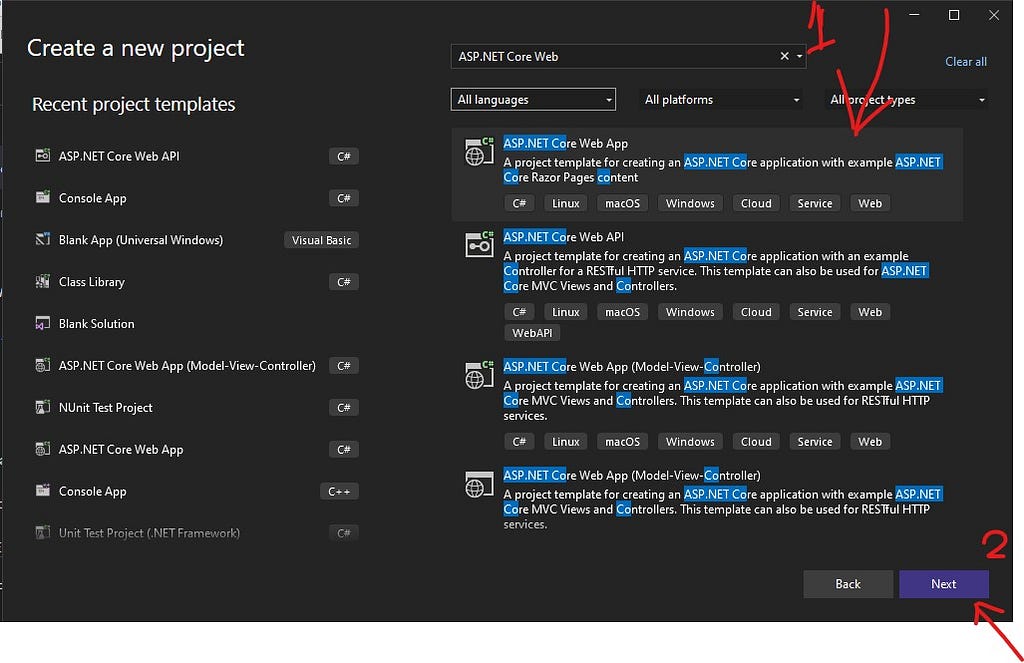 Selecting ASP.NET Core MVC project