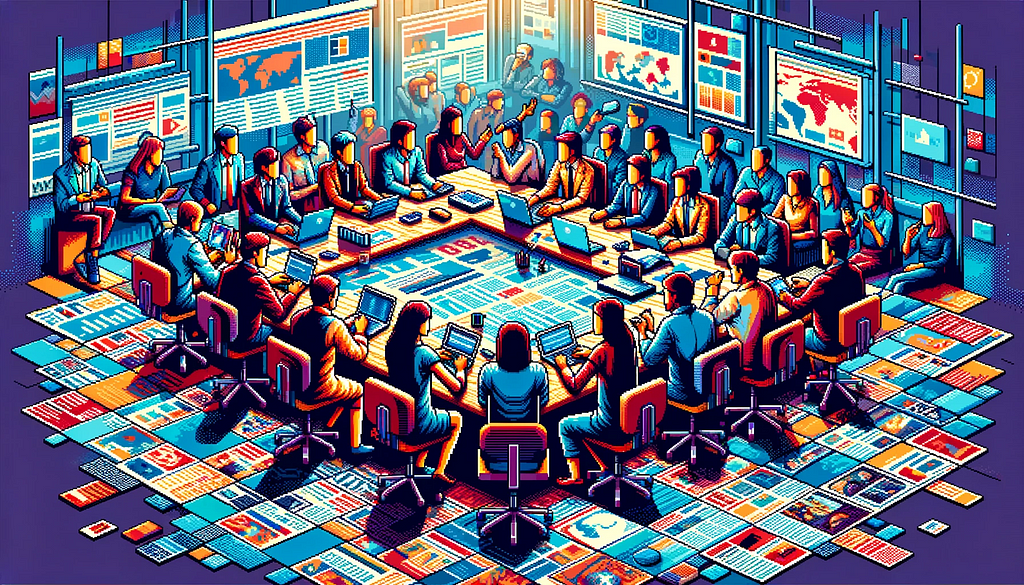 A pixel-art depiction of a high-tech command center with individuals at a U-shaped table, working on laptops, surrounded by digital displays and screens showcasing data and maps, rendered in a retro video game style with a blue, orange, and purple color scheme.