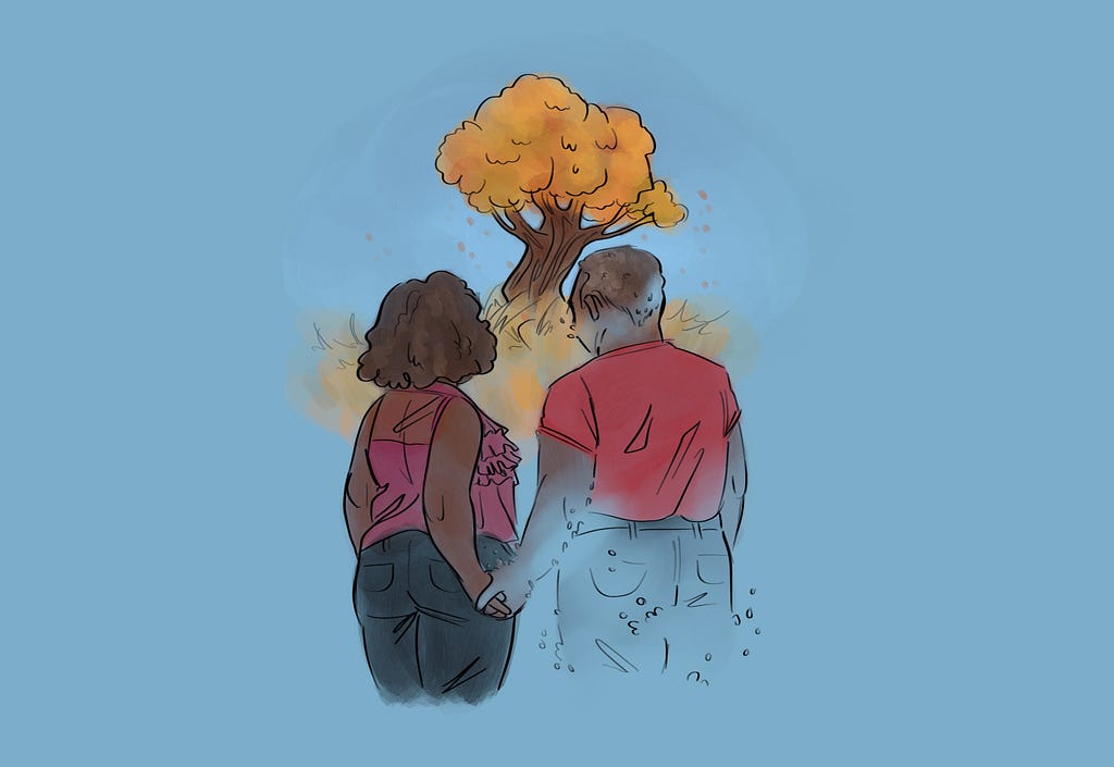 An illustration of two people holding hands in front of a tree.