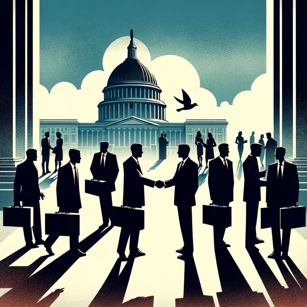 An illustration of silhouetted business men meeting outside the US Capitol Building.