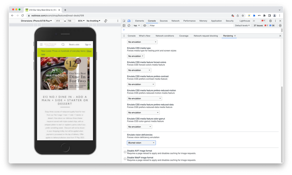 Chrome open on Waitrose №1 Dine In Meal Deal web page. Chrome DevTools is open on the “Rendering” drawer. Under “Emulate vision deficiencies” the “Blurred vision” option has been selected in the dropdown.