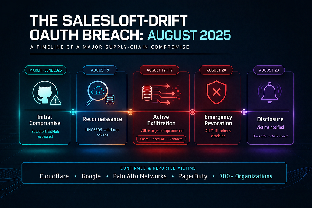 Timeline infographic showing the Salesloft-Drift OAuth breach progression from March-June 2025 initial GitHub compromise through August 9 reconnaissance, August 12–17 active data exfiltration from 700+ organizations, August 20 emergency token revocation, and August 23 victim notification.