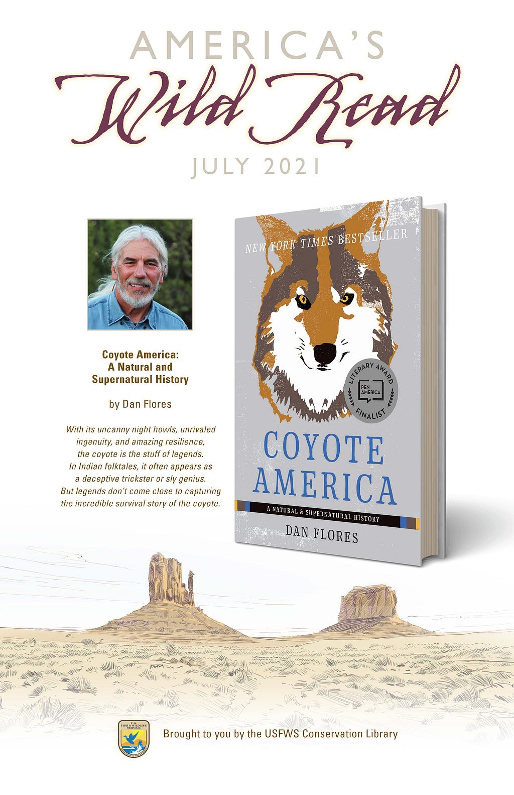 Poster for America’s Wild Read July 2021 with head and shoulders image of author and image of book cover for Coyote America: A Natural and Supernatural History.