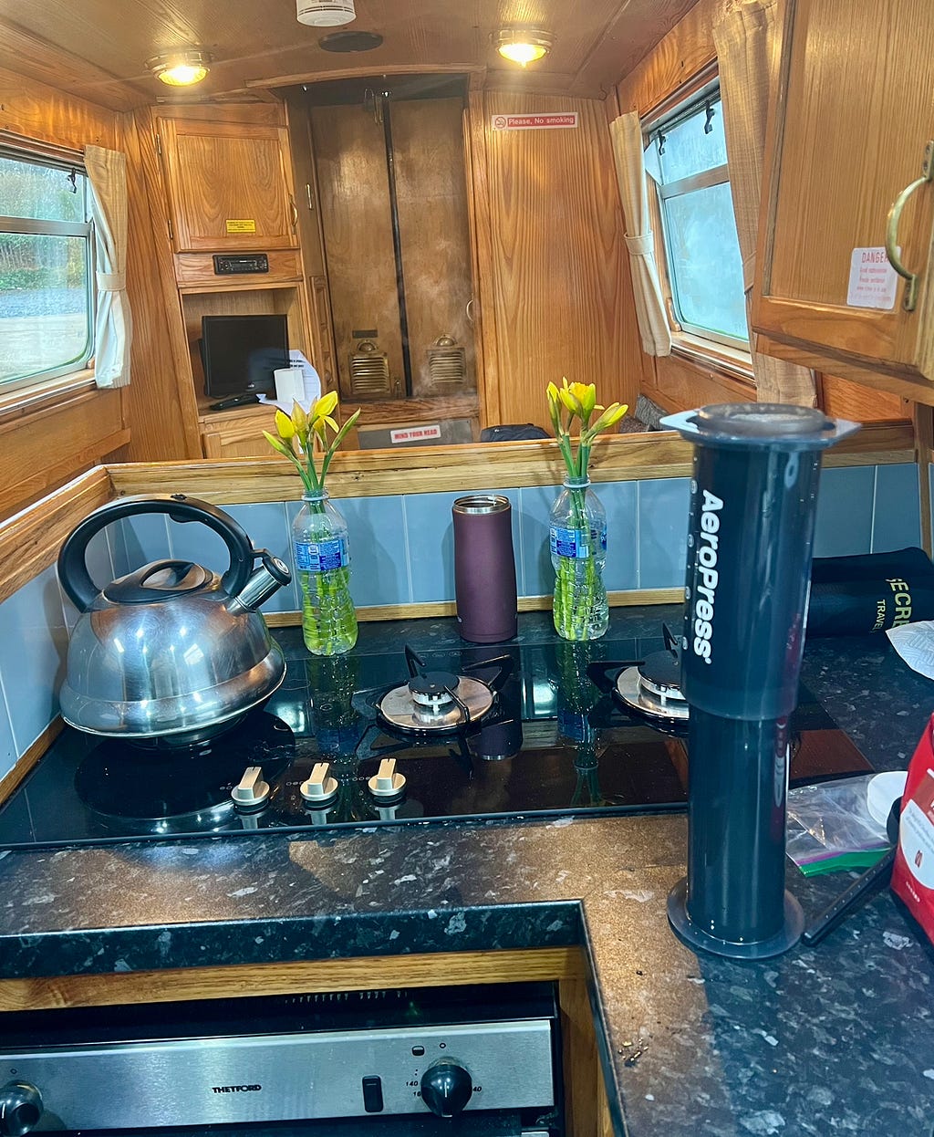 The galley aboard the narrow boat. Small but functional.