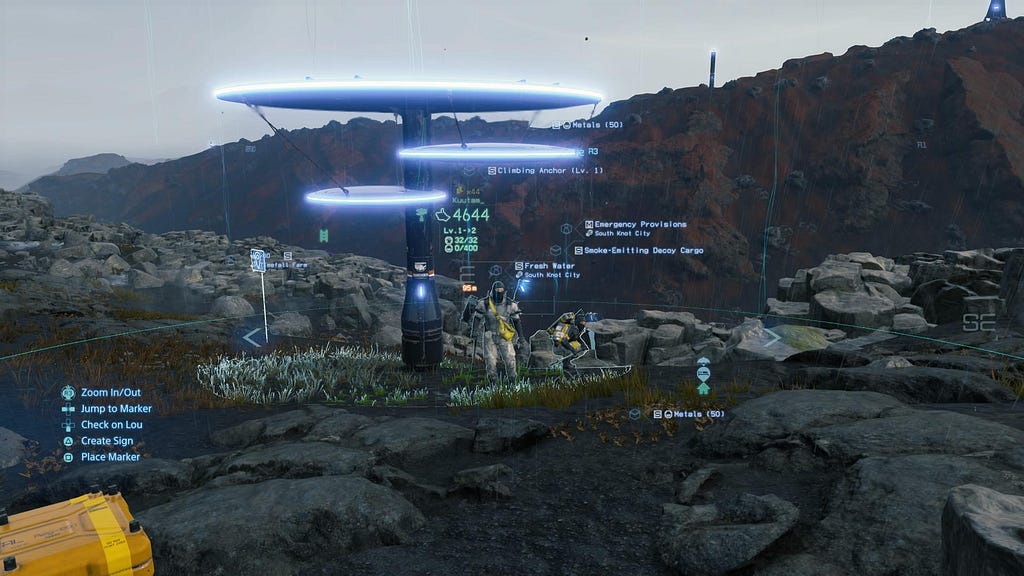 A structure build by another player that offers shelter from Timefall to other players. The hologram of a character is seen in front of it, giving off a feeling of safe space and that we’re not alone. A “thumbs up” icon shows in front/above the structure, with the number 4644, so we know the structure was liked — or thanked for — 4644 times by other players.