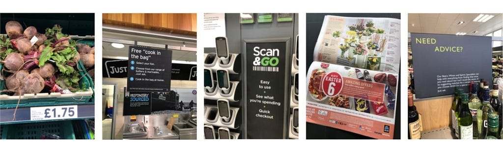 An image of technology and brand messaging in various grocery shops.