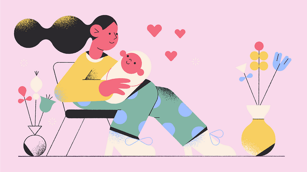 Illustration of a woman holding a baby in her arms. Little pink hearts float in the air.