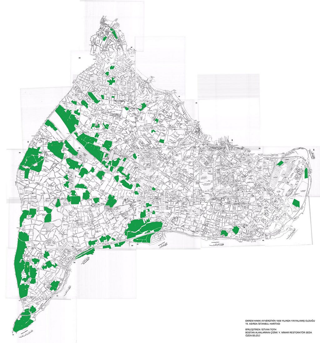 <blockquote class=”twitter-tweet”><p lang=”tr” dir=”ltr”>19. Yüzyılda İstanbul haritasında gösterilen bostanları renklendirdim, alanlarını hesapladım. Günümüzdeki Fatih ilçesi (Tarihi Yarımada) İstanbul demekti, Yarımada’daki 148 bostan toplam 1721 dönüm alana sahip, bu da yerleşim alanının ~ %11 i ediyor. Bu bostanlar apartman oldu. <a href=”https://t.co/LMtFuWCt9B">pic.twitter.com/LMtFuWCt9B</a></p>&mdash; Seda Özen Bilgili (@Seda_Ozen) <a href=”https://twitter.com/Seda_Ozen/status/12494254718