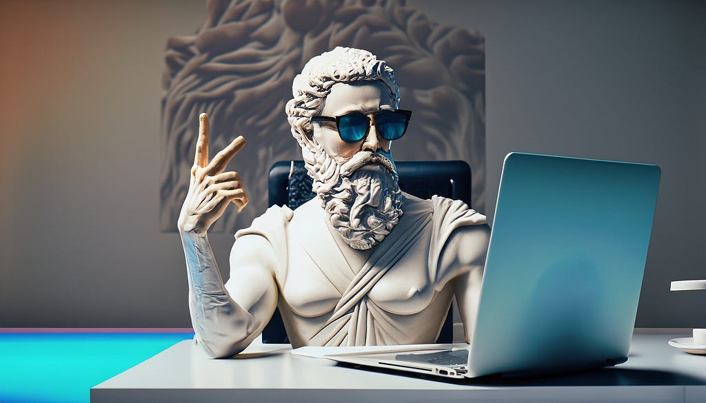 An antique statue sitting on front of laptop and showing a sign of Victory with two finders, generated by AI