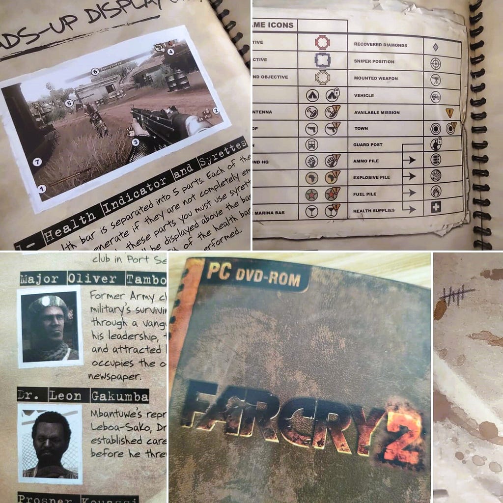 A collage of various photographs taken of the FarCry 2 Game Manual