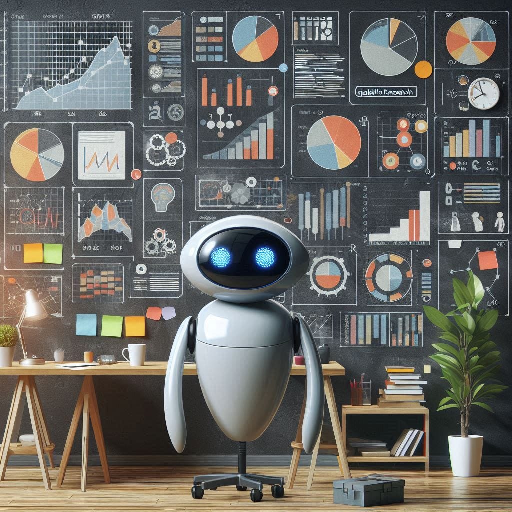 a white robot-like creature stands in front of a blackboard with data visualizations, charts, and research notes