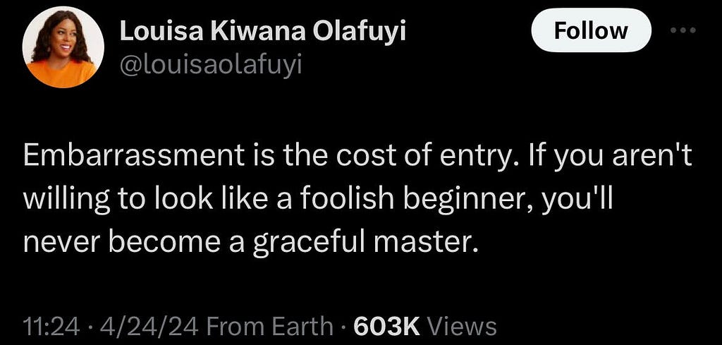 This is a screenshot of a tweet from the X app that was made by Louisa Kiwana Olafuyi that best resonates with my current story and the present stage of my life.