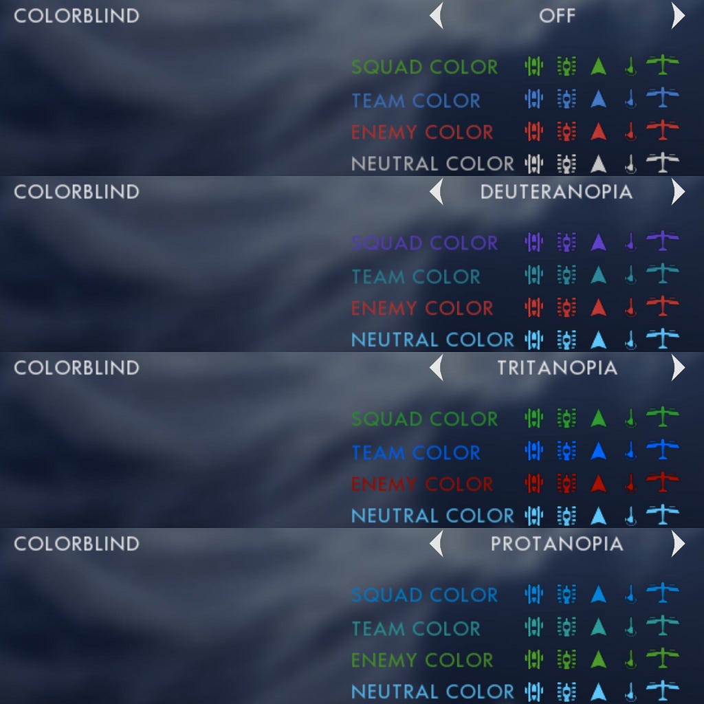 Colour blind settings for the game Battlefield 5, where the player can change the colour of the UI.