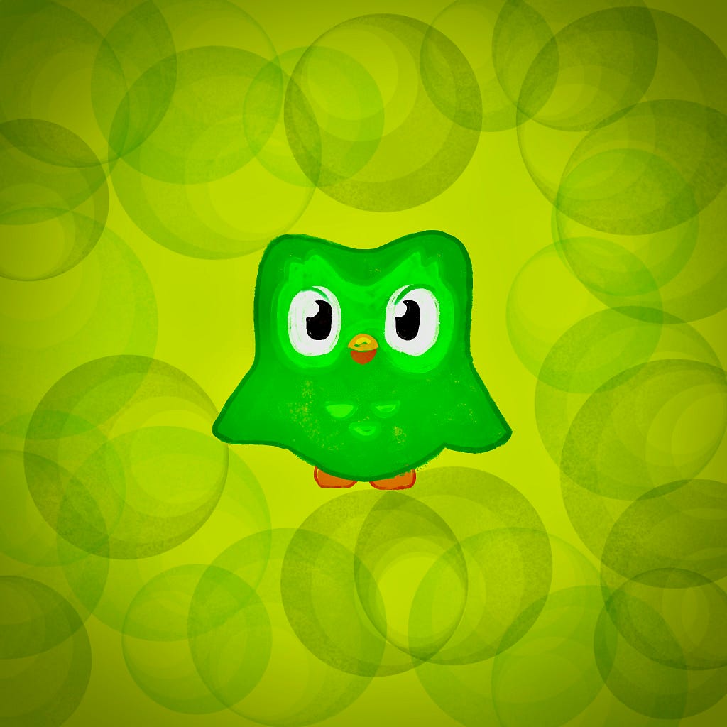 Hand-drawn depiction of the Duolingo app mascot, the cute green owl Duo.