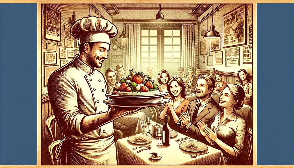 An editorial style illustration of a chef presenting his finished plate of food to some waiting diners.