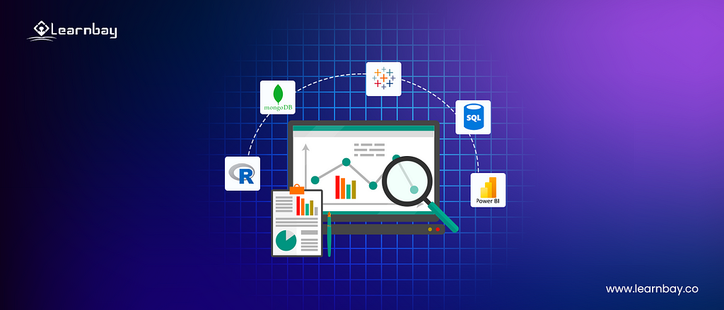 An image shows a screen displaying a ‘bar chart’ and a ‘line graph’ with details. The screen is surrounded by different data analytics tools like, ‘R’, ‘Mongo DB’, ‘Tableau’, ‘SQL’ and ‘Power BI’. It also includes a notepad displaying ‘a bar chart’ and a ‘pie-chart’ with details.