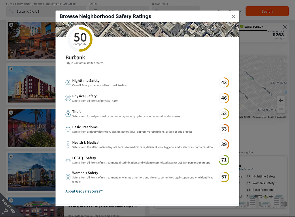 Screen capture of SafetyCheck feature with scores for hotel neighborhoods including scoring for women’s safety, LGBQ+ safety, theft, basic freedoms and more.