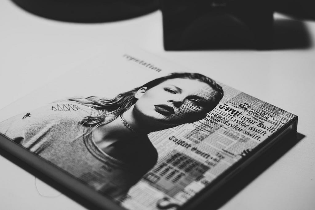Taylor Swift’s Repuatation album cover in balck and white phtograpghy