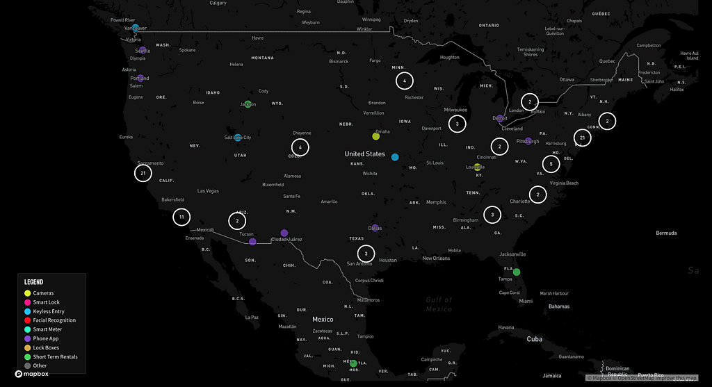A map of crowdsourced reports by Landlord Tech Watch across the U.S.