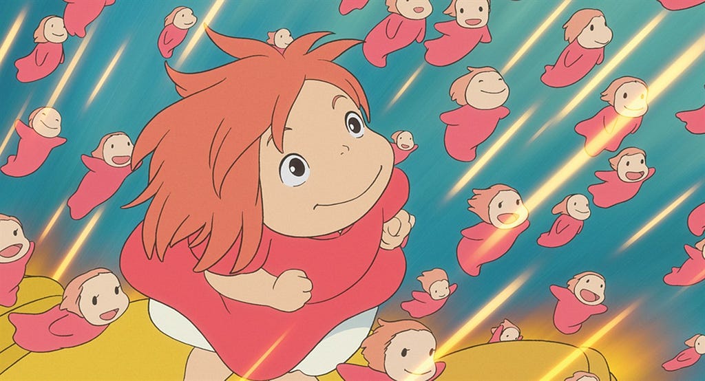 Ponyo and her sisters stand on actual gold fish as they rise to the surface
