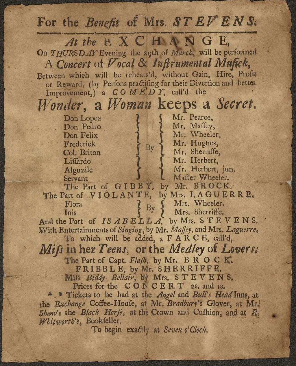 Undated playbill circa 1760s for ‘Wonder, a Woman Keeps a Secret’ and ‘Miss in her Teens’ at Manchester’s first Exchange.