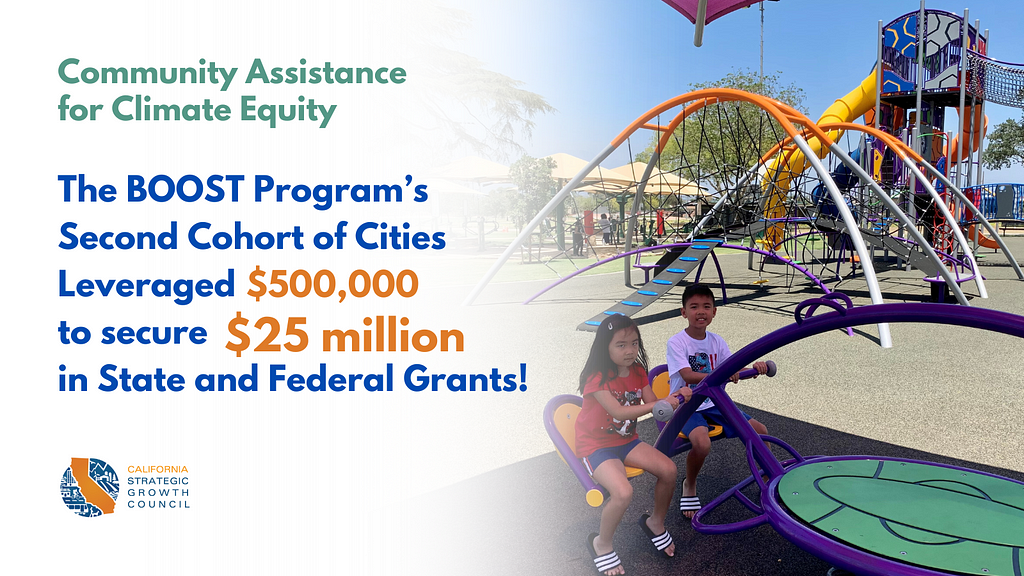 Community Assistance for Climate Equity. The BOOST Program’s second cohort of cities leveraged $500,000 to secure $25 million in State and Federal grants! Two children playing on a play set in a colorful park.