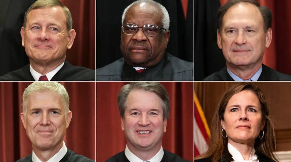 Top left to right: Chief Justice Roberts, Justice Thomas, Justice Alito. Bottom left to right: Justice Gorsuch, Justice Kavanaugh, Justice Barrett. “Supreme Court justices are showing their willingness to boost conservative causes”, CNN, screenshot by Catherine La Grange.