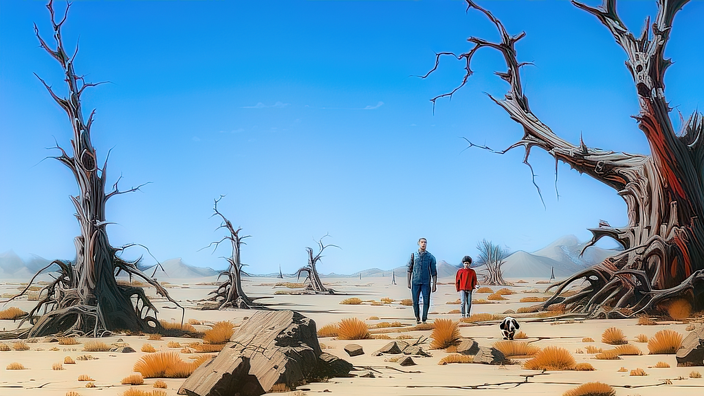 A mna, a boy and a dog walking across a fantastical desert landscape.