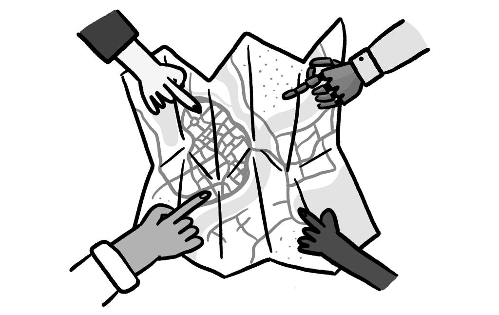 Illustration of four hands pointing at a map. One of the hands is prosthetic.