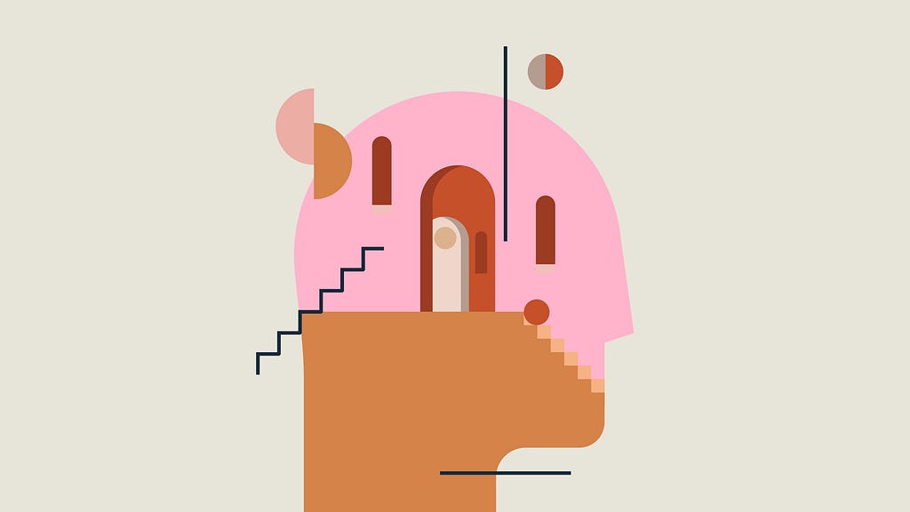 An abstract, colourful illustration of a head with a door, stairs and windows