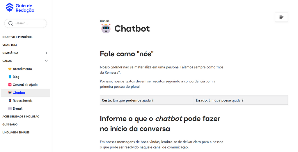 Tela do Guia de Redação da Remessa Online, no seu capítulo sobre o Chatbot.