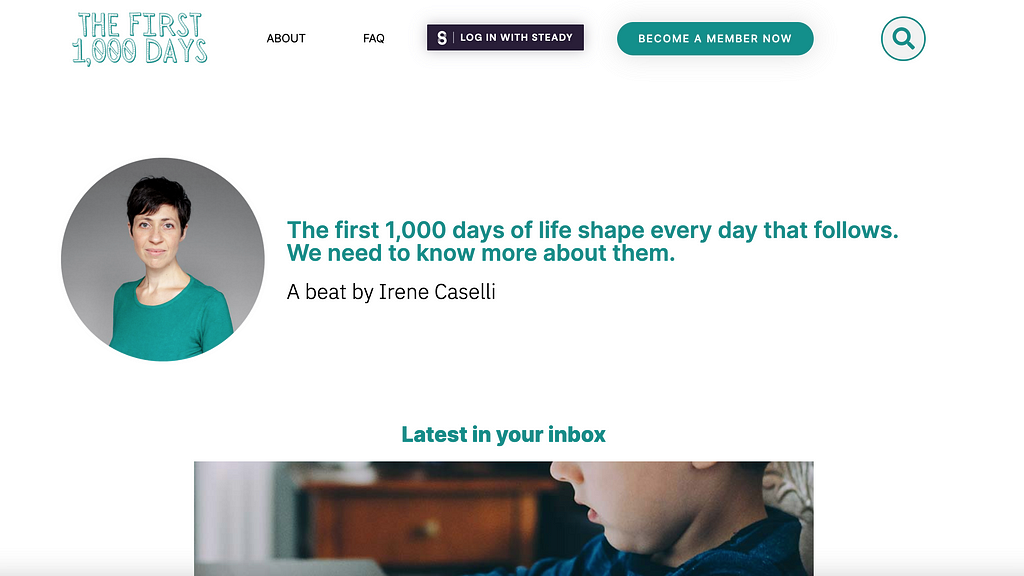 A screenshot of The First 1,000 Days website homepage. It shows the picture of the author, Irene Caselli, with the Tagline: The first 1,000 days of life shape every day that follows. We need to know more about them. A beat by Irene Caselli.