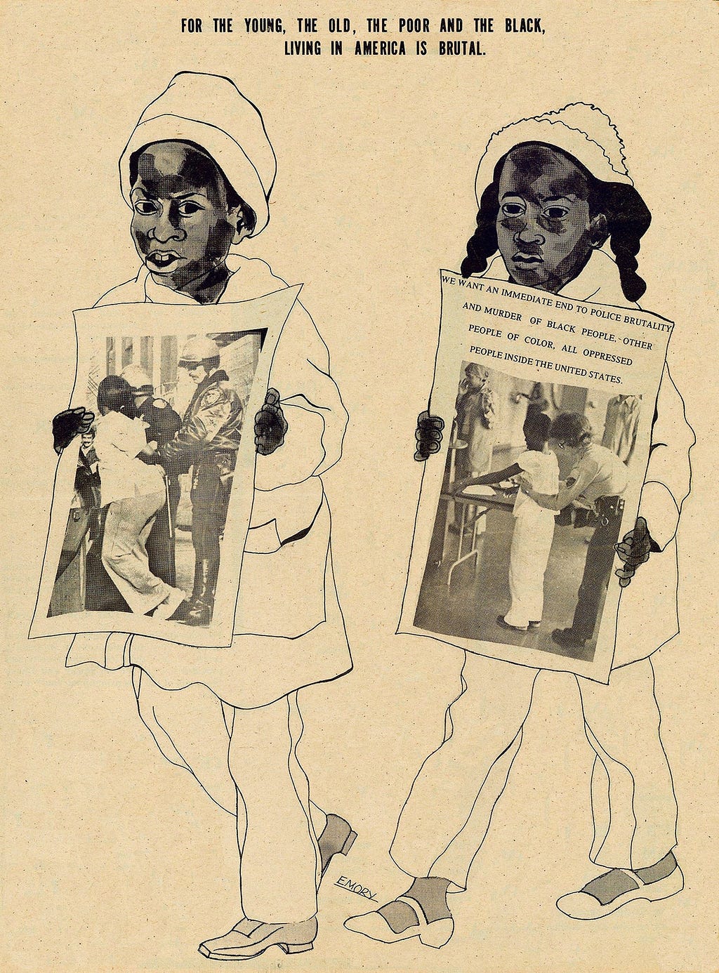 A drawing by Emory Douglas showing children demanding an end to police brutality