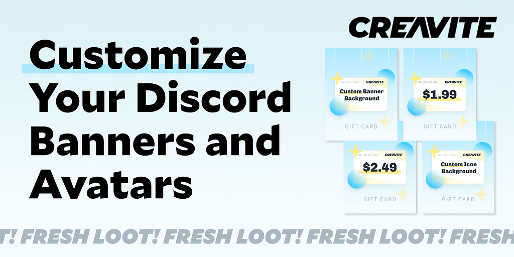 Four discount gift cards and rewards from Creavite.co. Creavite allows Discord users to customize their banners and avatars.