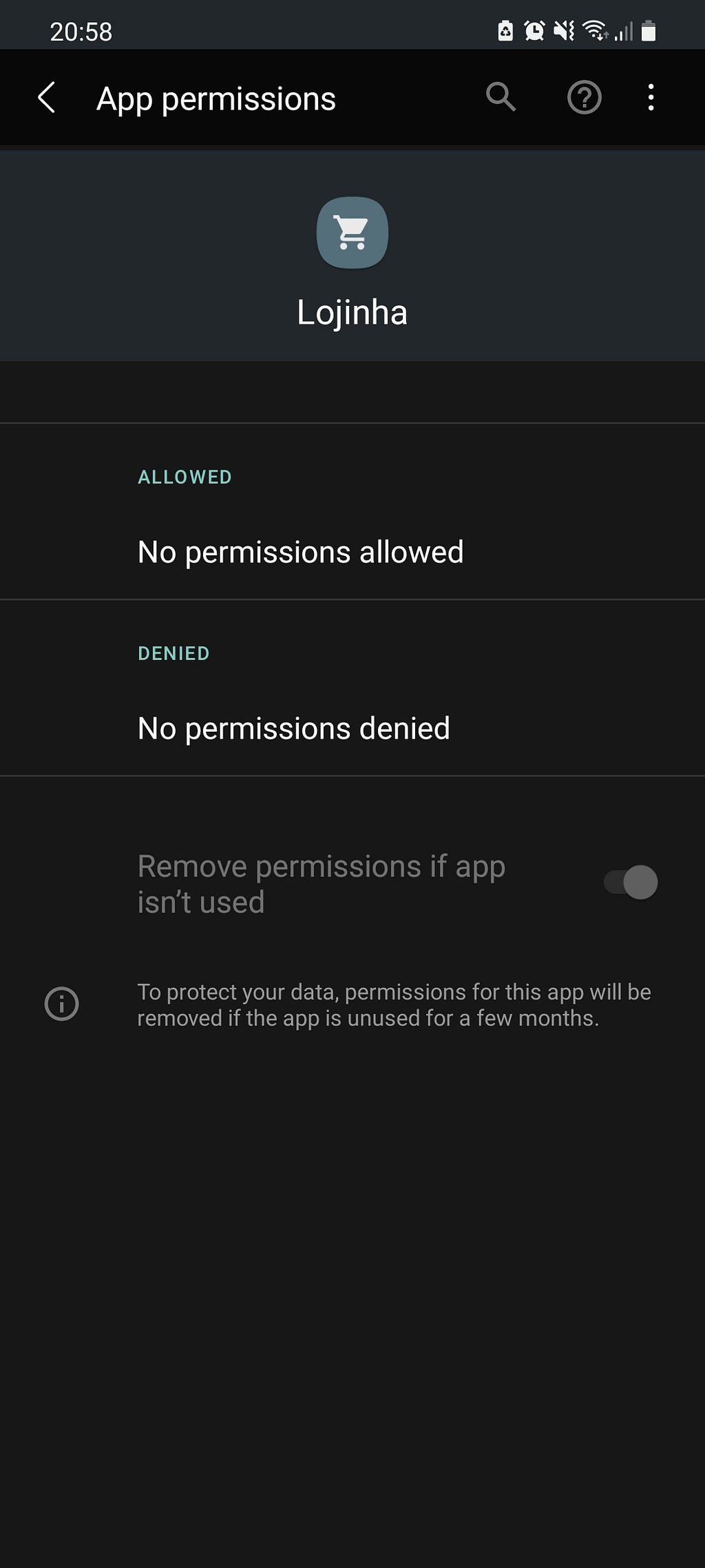 Tela de permissões solicitadas pelo aplicativo Lojinha