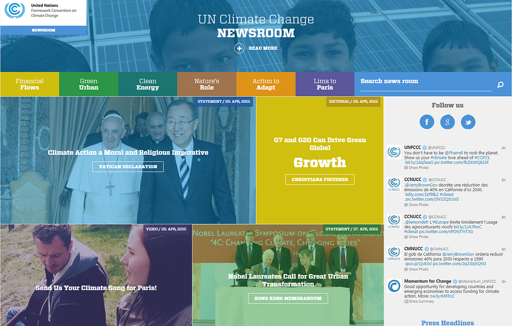 Decades After Paris image of Heather and Danton singing posted on the home page of the UNFCCC newsroom. Next to a picture o the Pope.