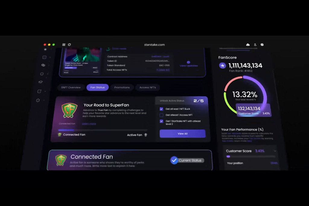 An image of the user interface of the StarStake platform, showing how fans can progress and grow their “fanscore” to become superfans and receive fan rewards and win prizes.