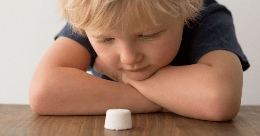 Cute child looks at single marshmallow on table.