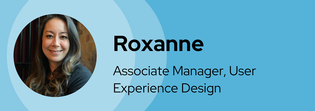 A banner graphic introducing Roxanne with her name, title, and headshot.
