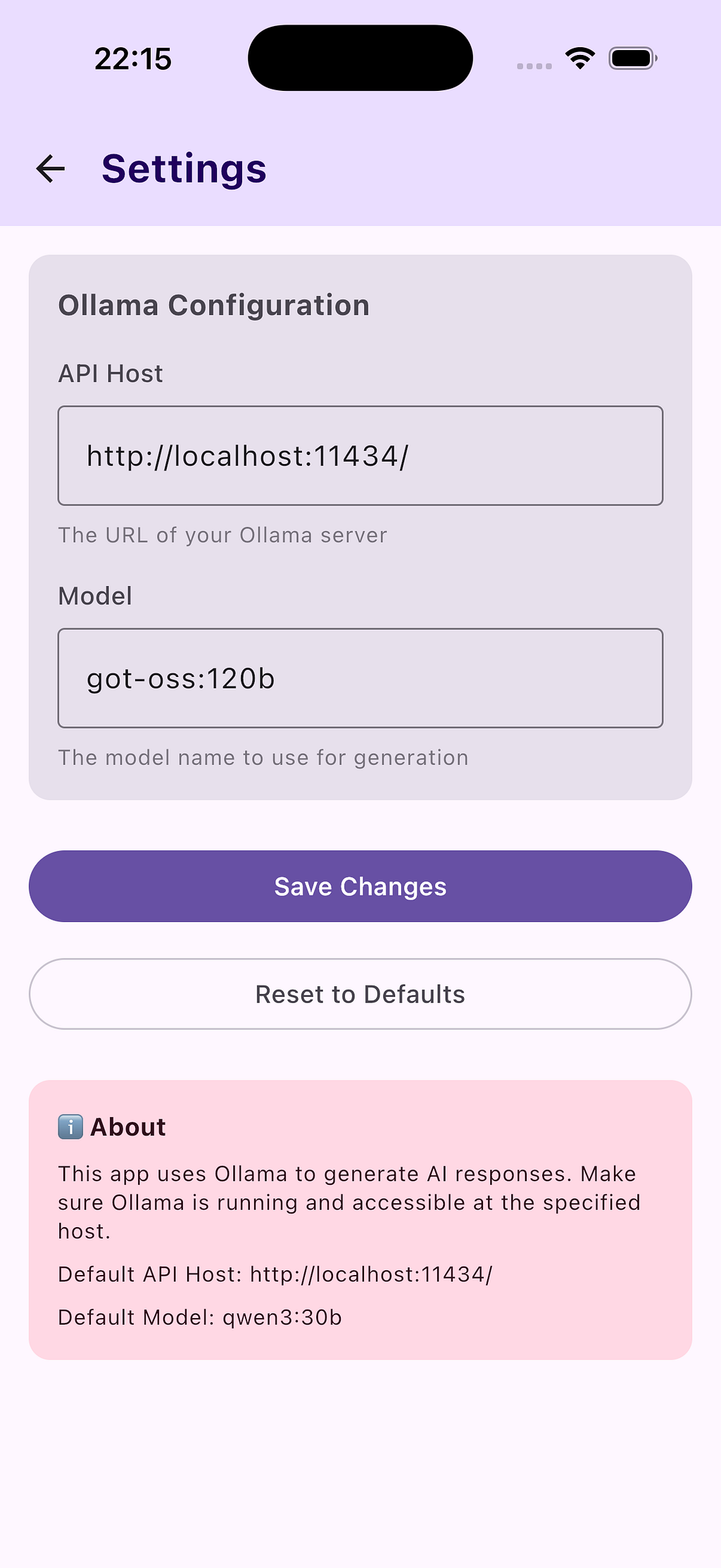 The settings screen generated by Cursor
