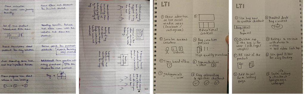 Paper notes of our crazy 8 brainstorming session