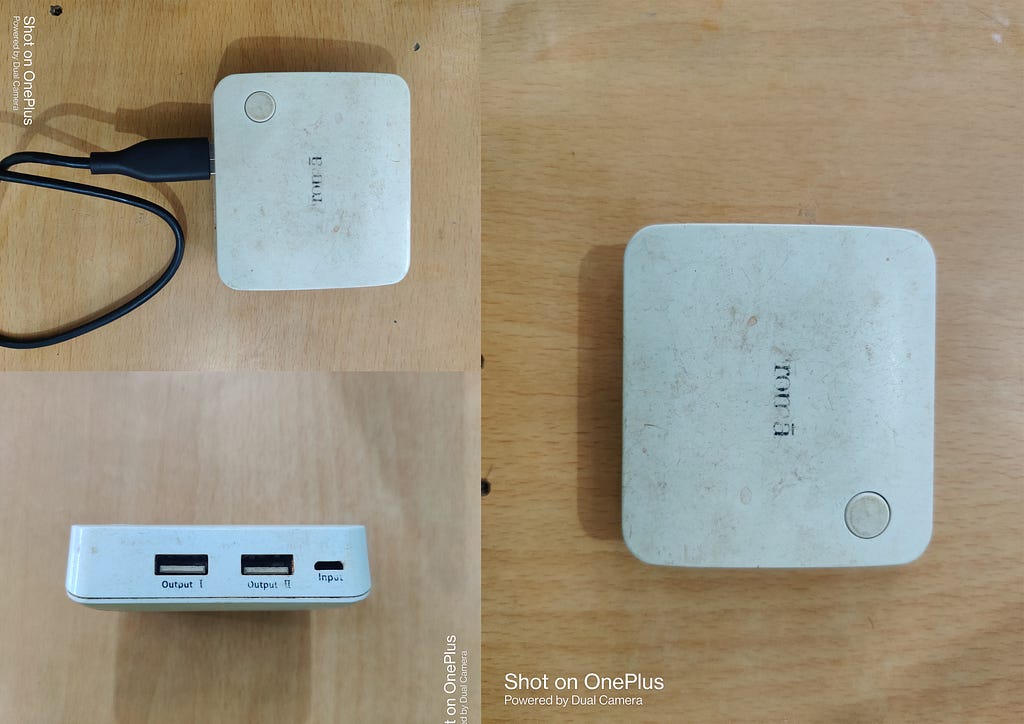 Photo of a white powerbank from 3 different angles