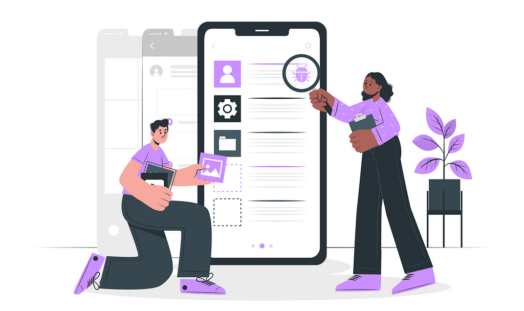 Vector illustration depicting a designer working on a smartphone interface, and a developer looking for bugs.