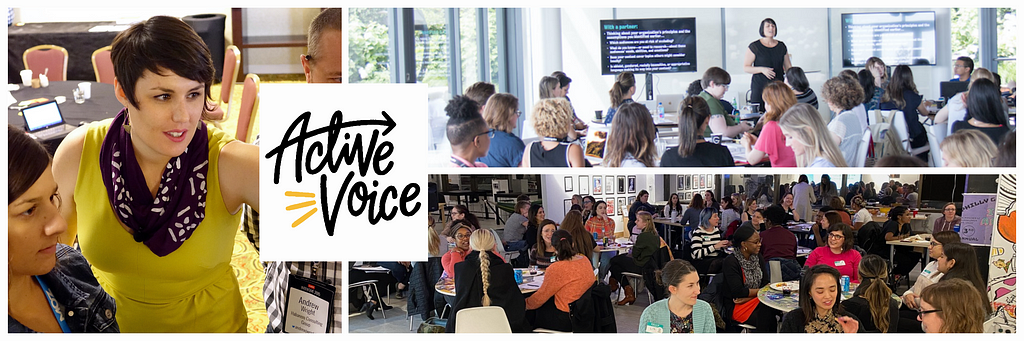 Photo collage of the Active Voice logo and 3 photos of Sara leading workshops and interacting with attendees.