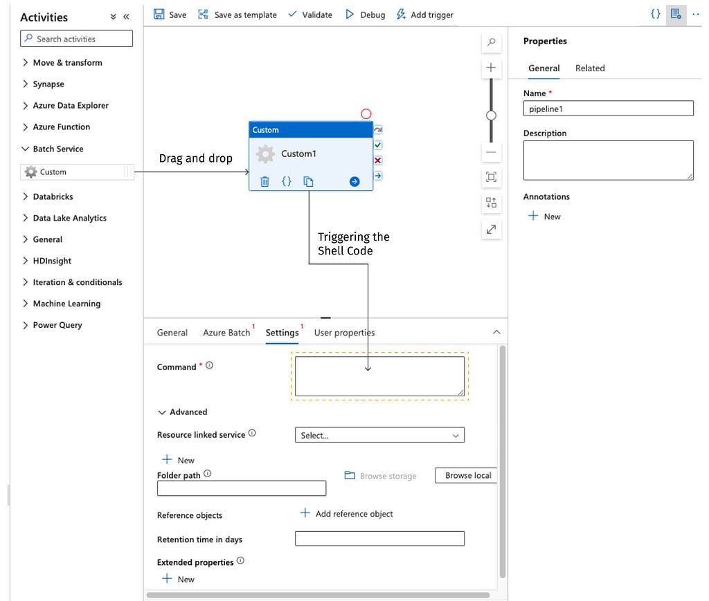 Scheme showing Azure batch step specification within the no-code ADF pipeline specification UI.