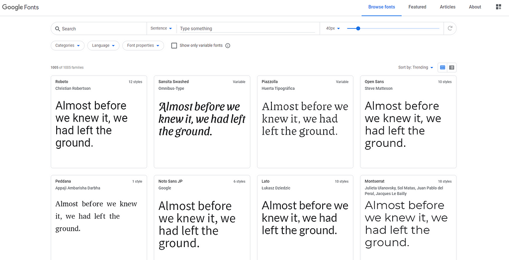 Google Fonts web page, with different fonts of the same text