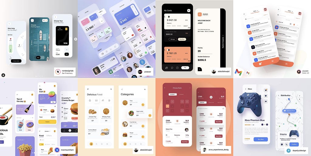 8 Instagram posts of UI designs. They include two or three screens each with beautiful, but unrealistic designs