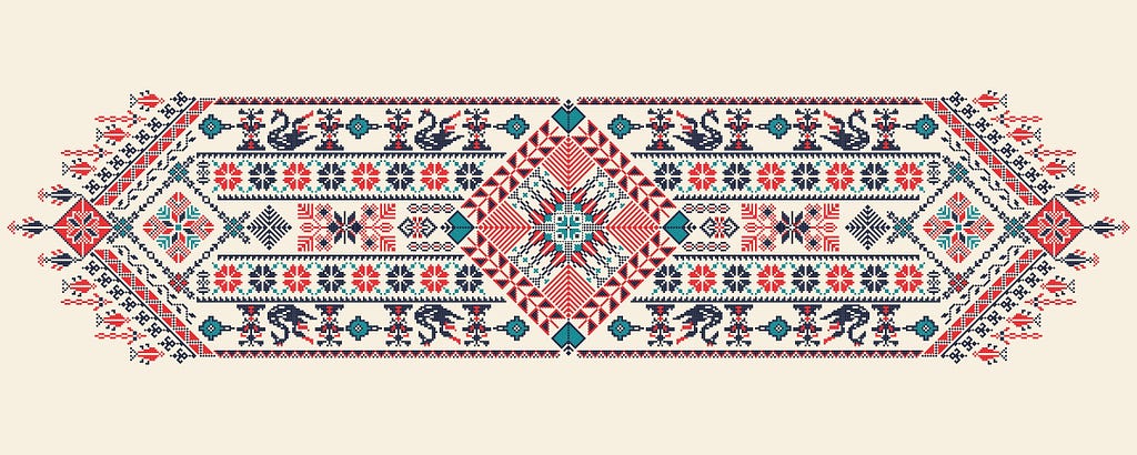 A red, turquoise, and black patterned Tatreez image — an embroidery that is uniquely Palestinian