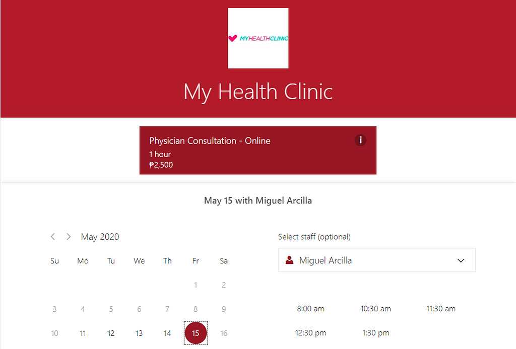 Bookings page for My Health Clinic’s online physician consultations